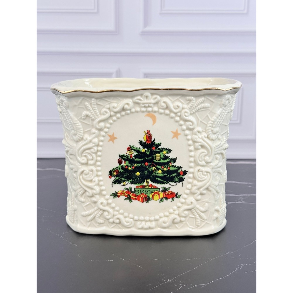 VTG Embossed Ceramic 5" Planter Vase Holder Spode Christmas Tree Design